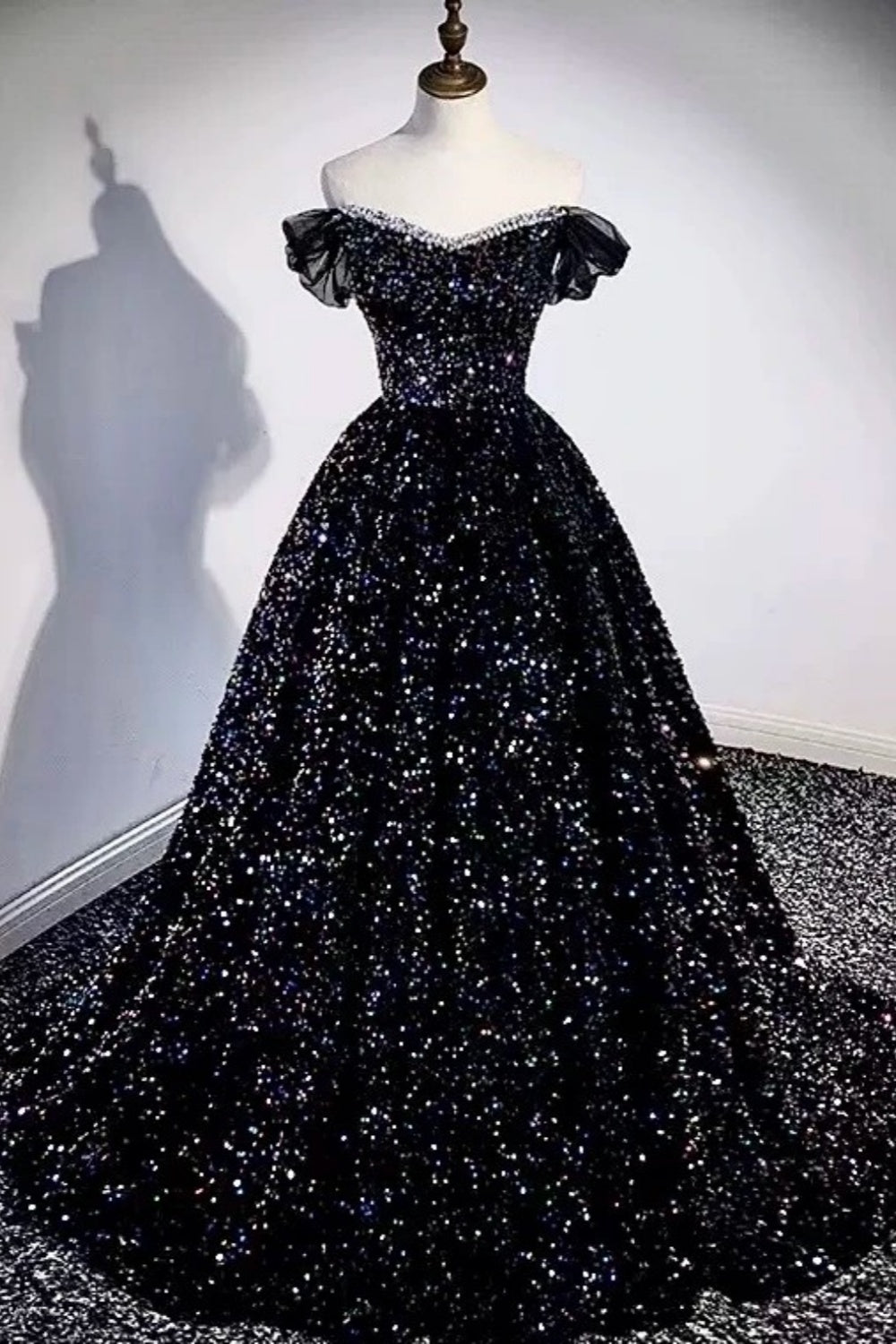 Midnight Galaxy - Off-the-shoulder dazzling sequined evening gown gh7072