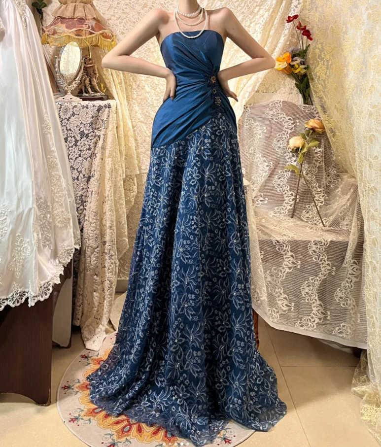 Vintage Navy Blue Strapless Satin Lace Beaded Mermaid Long Evening Dress Birthday Party Gown