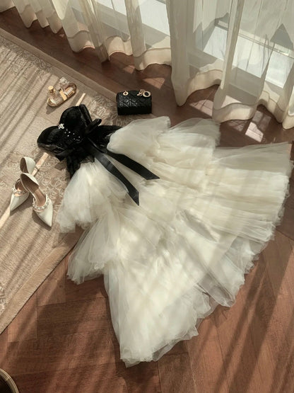 Niche Luxury Black & White Gown Strapless Lace Tulle Atmosphere Dress gh7003
