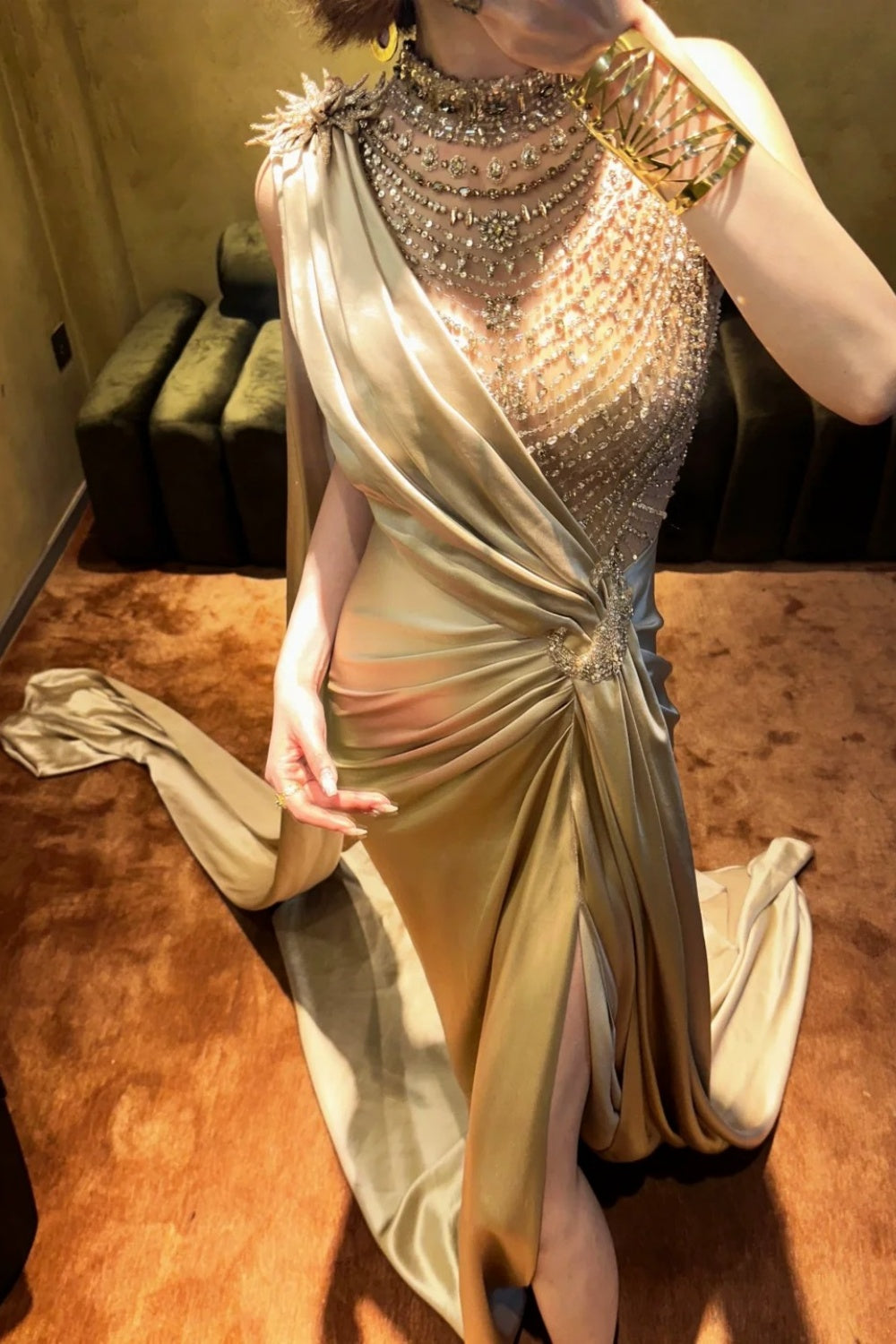 girlhomeshops-High - Slit Gilt One - shoulder Gown, Shining Beads Unleash Sexy Charm gh5897