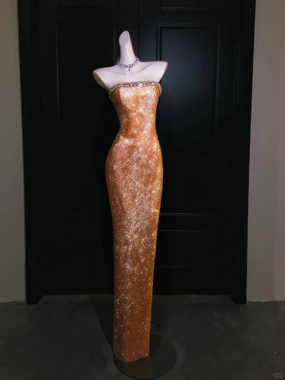 Girlhomeshops--Super beautiful golden gorgeous glitter metal mermaid fishtail long prom dress gh5489