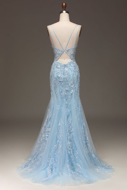 Elegant Blue Tulle Mermaid Prom Dress Evening Dress With Sequins Y6701