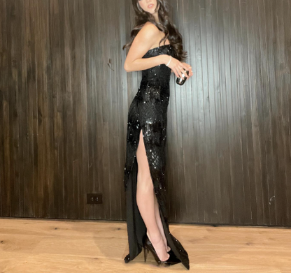 Gorgeous Strapless Black Sequin Sheath Slit Evening Dress Party Gown Long Wedding Guest Dress