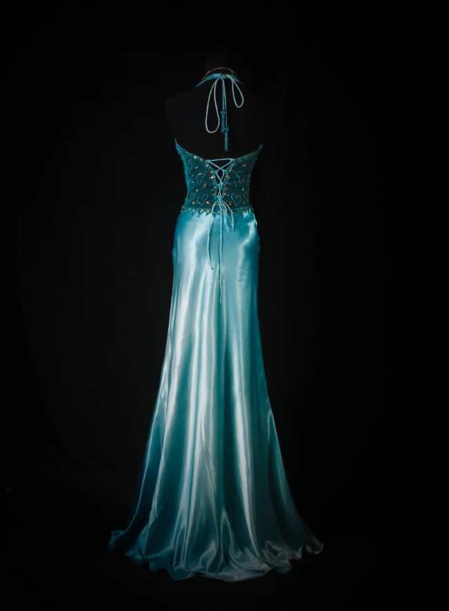 Classy Halter Blue Satin Beaded Mermaid Slit Long Prom Dress Evening Gown SP1693