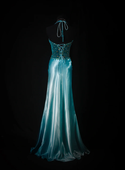 Classy Halter Blue Satin Beaded Mermaid Slit Long Prom Dress Evening Gown SP1693