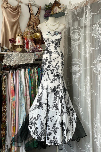 Girlhomeshops-Black floral elegant long satin A-line Prom dress evening dress party dress gh5171