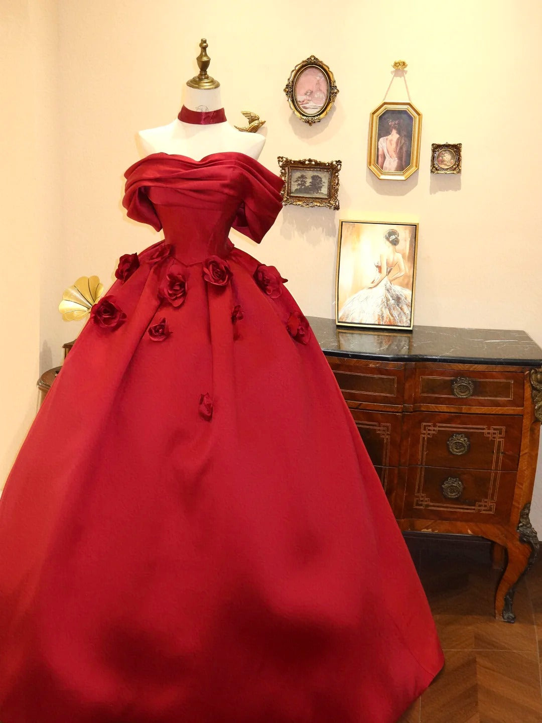 Red Fashion Elegant Floral Long Satin Ball Gown Evening Gown Prom Gown Graduation Gown Wedding Gown Birthday Gown gh4241