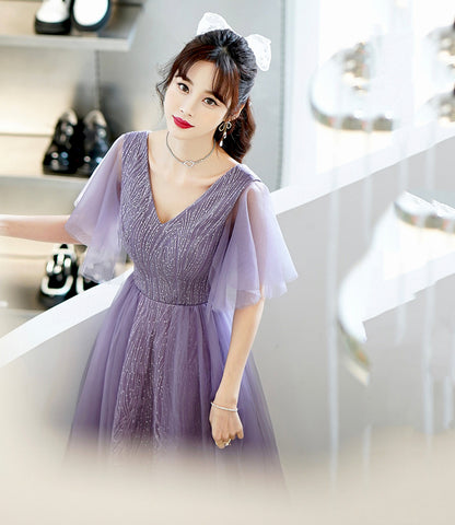 Purple tulle sequins long prom dress A line evening dress  10462