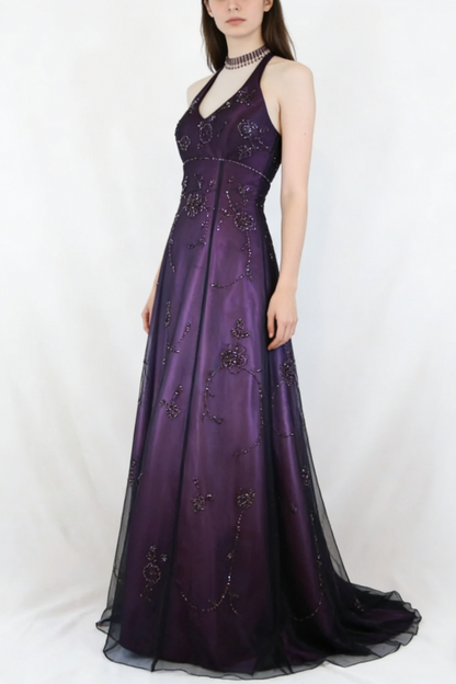 Purple Vintage Fashion Ombre Beaded Empire Waist Halter Long Elegant Prom Gown Evening Gown Party Dress gh3603