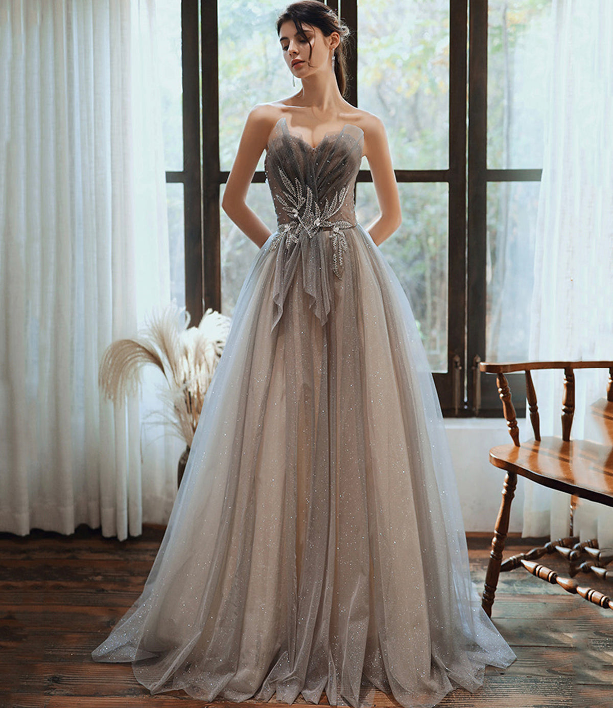 Gray tulle sequins long prom dress A line evening gown  10376