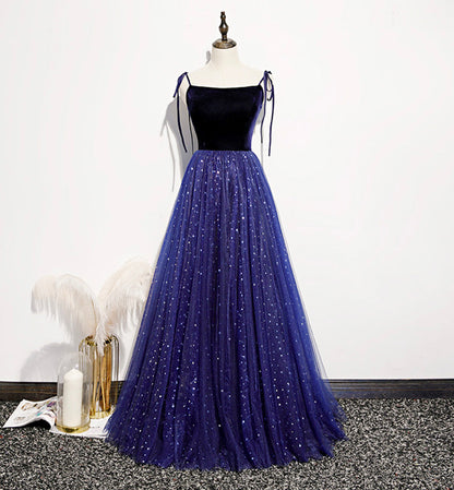 Blue tulle sequins long prom dress evening dress  8463