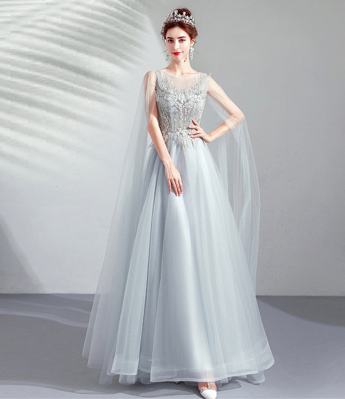 Gray tulle lace long prom dress A line evening dress  10509