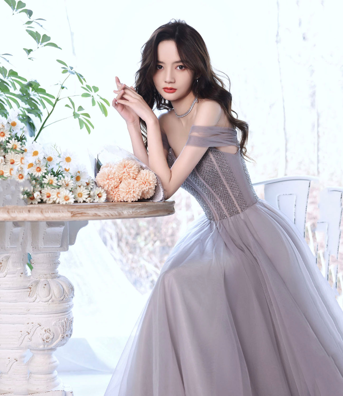 Cute tulle beads long prom dress A line evening gown  10319
