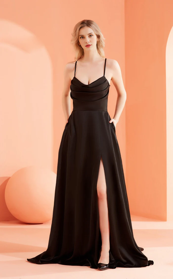 A-line square neckline sleeveless thin shoulder strap with side slits and floor length Prom dress