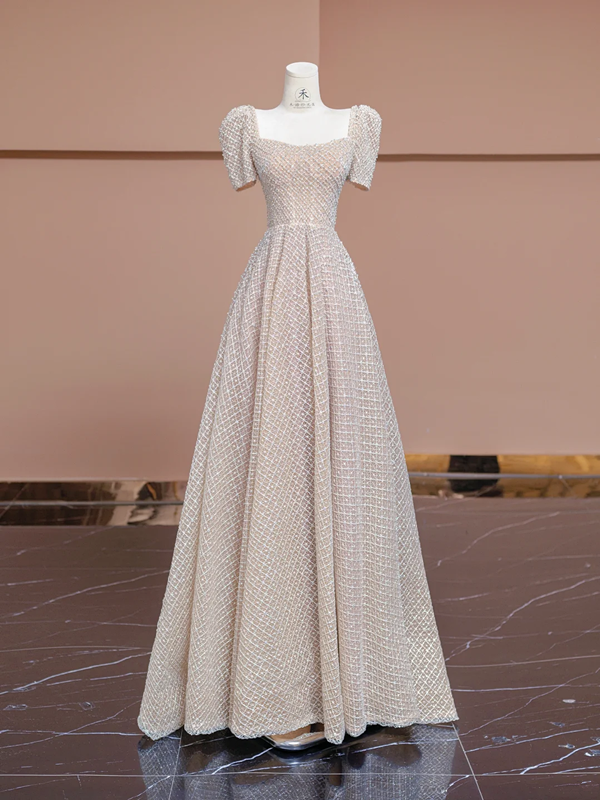 Nude pink square neckline, fitted waist, A-line skirt, long elegant ball gown, bridal dress R8305