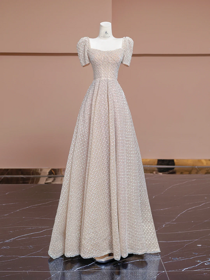 Nude pink square neckline, fitted waist, A-line skirt, long elegant ball gown, bridal dress R8305