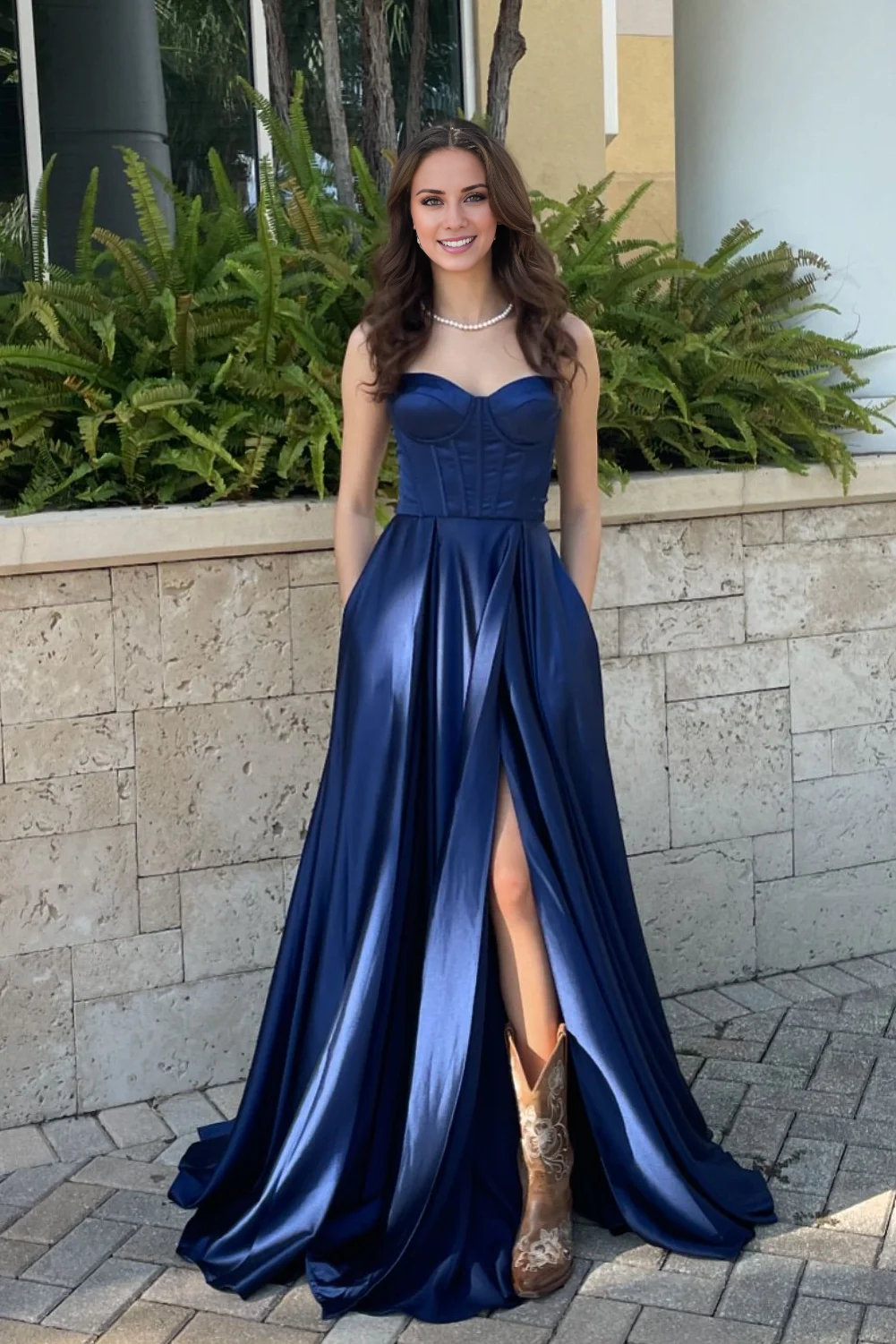 navy blue satin A-line suspender with slit long dress