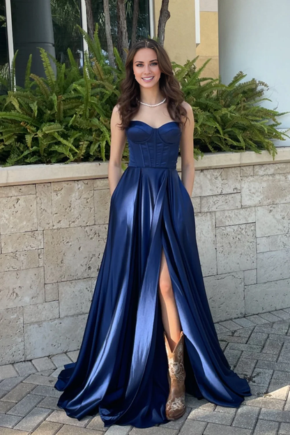 navy blue satin A-line suspender with slit long dress