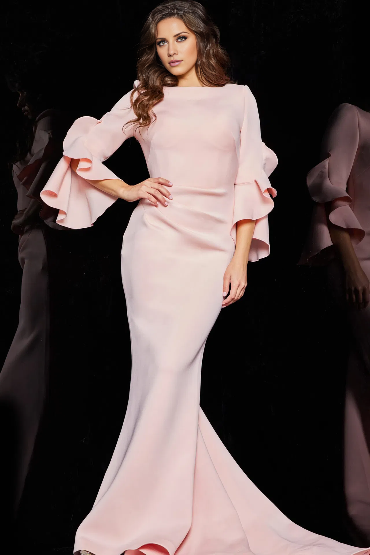 Mermaid scarf collar with ruffled edges long sleeves and floor length mother of the bride dress