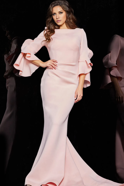 Mermaid scarf collar with ruffled edges long sleeves and floor length mother of the bride dress