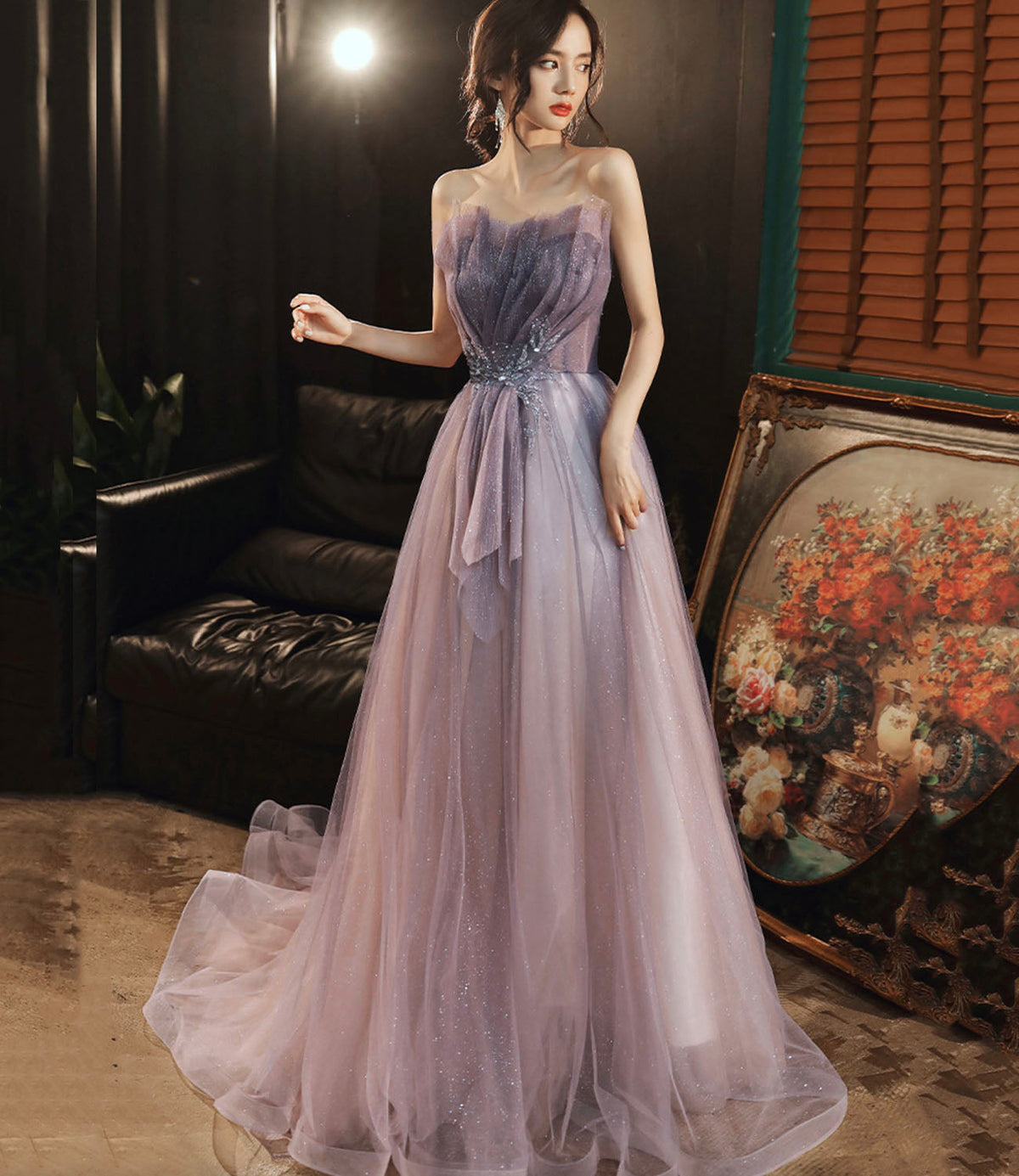 Purple tulle sequins long prom dress evening dress  10624