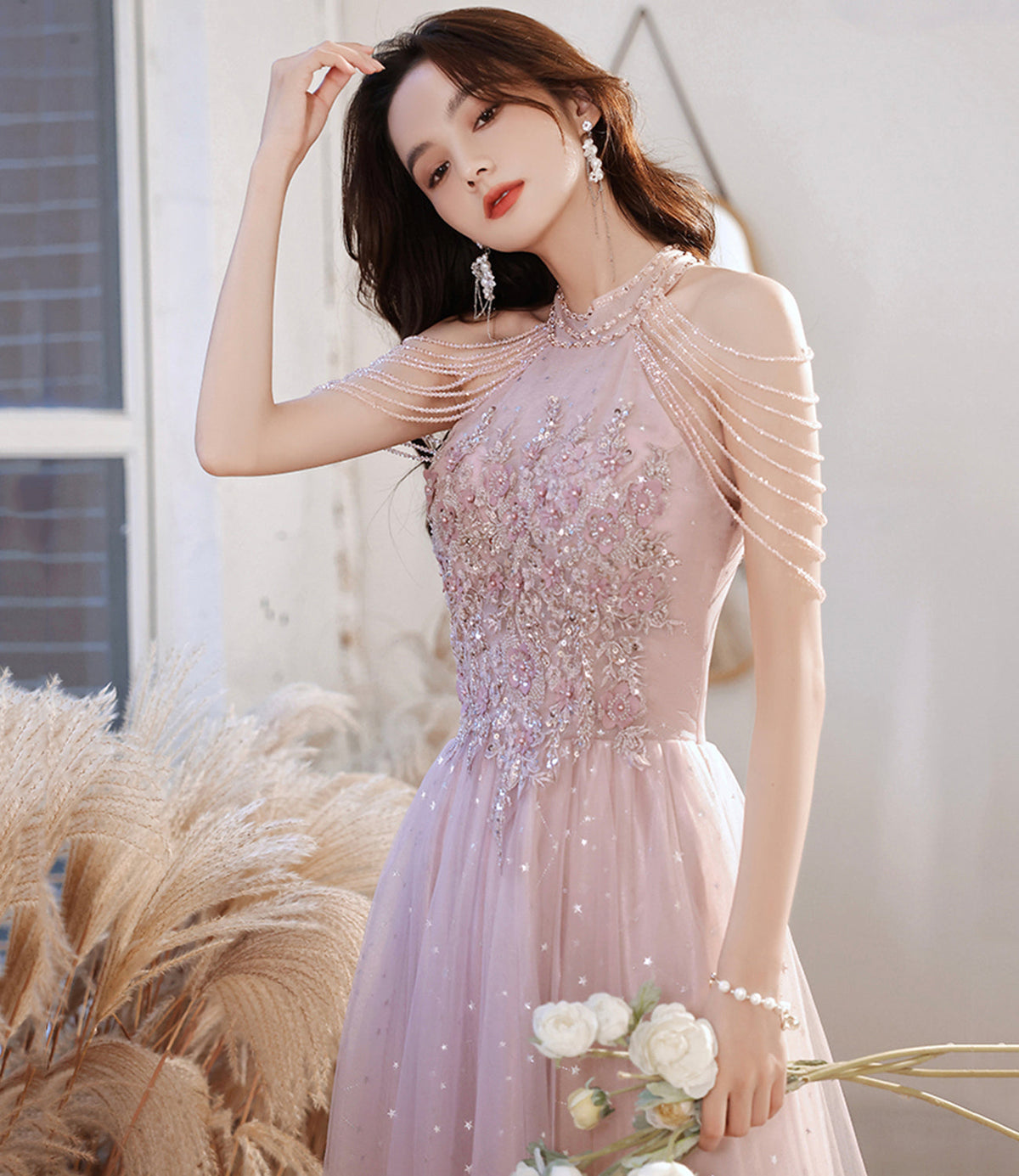 Pink tulle beads long prom dress A line evening gown  10299