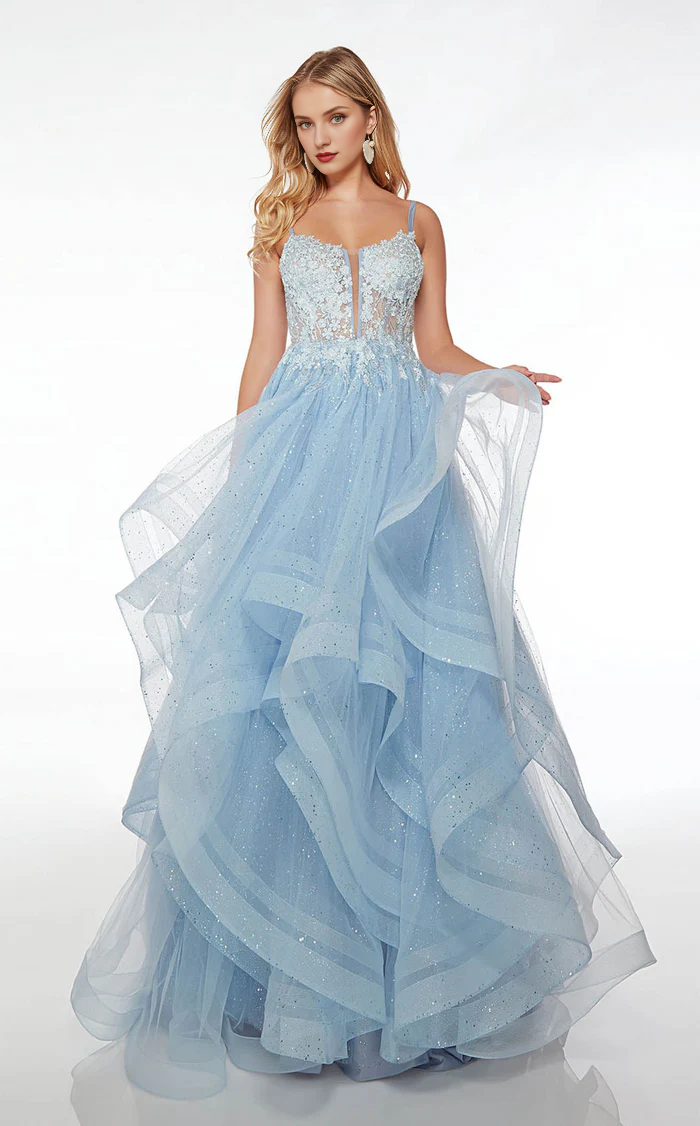 A-line square collar thin shoulder strap exposed back ruffle edge and floor length Prom dress
