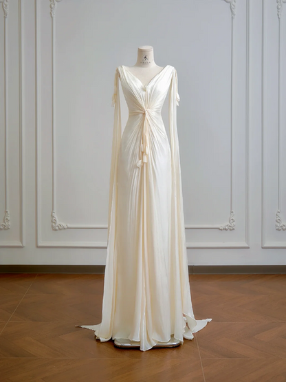Light apricot V-neck fitted waist long sexy ball gown R8160