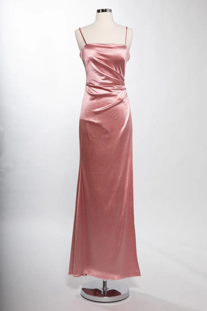Fitted slit skirt rectangular collar satin dress