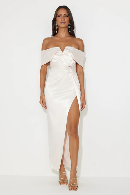 off shoulder collar satin side slit long Prom dress