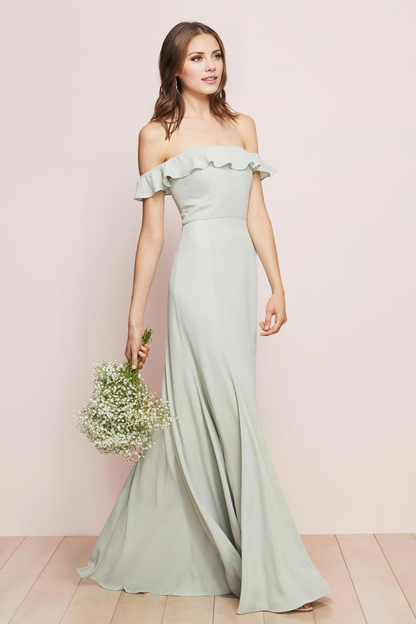 off shoulder collar off shoulder sleeveless off shoulder and floor length evening dress