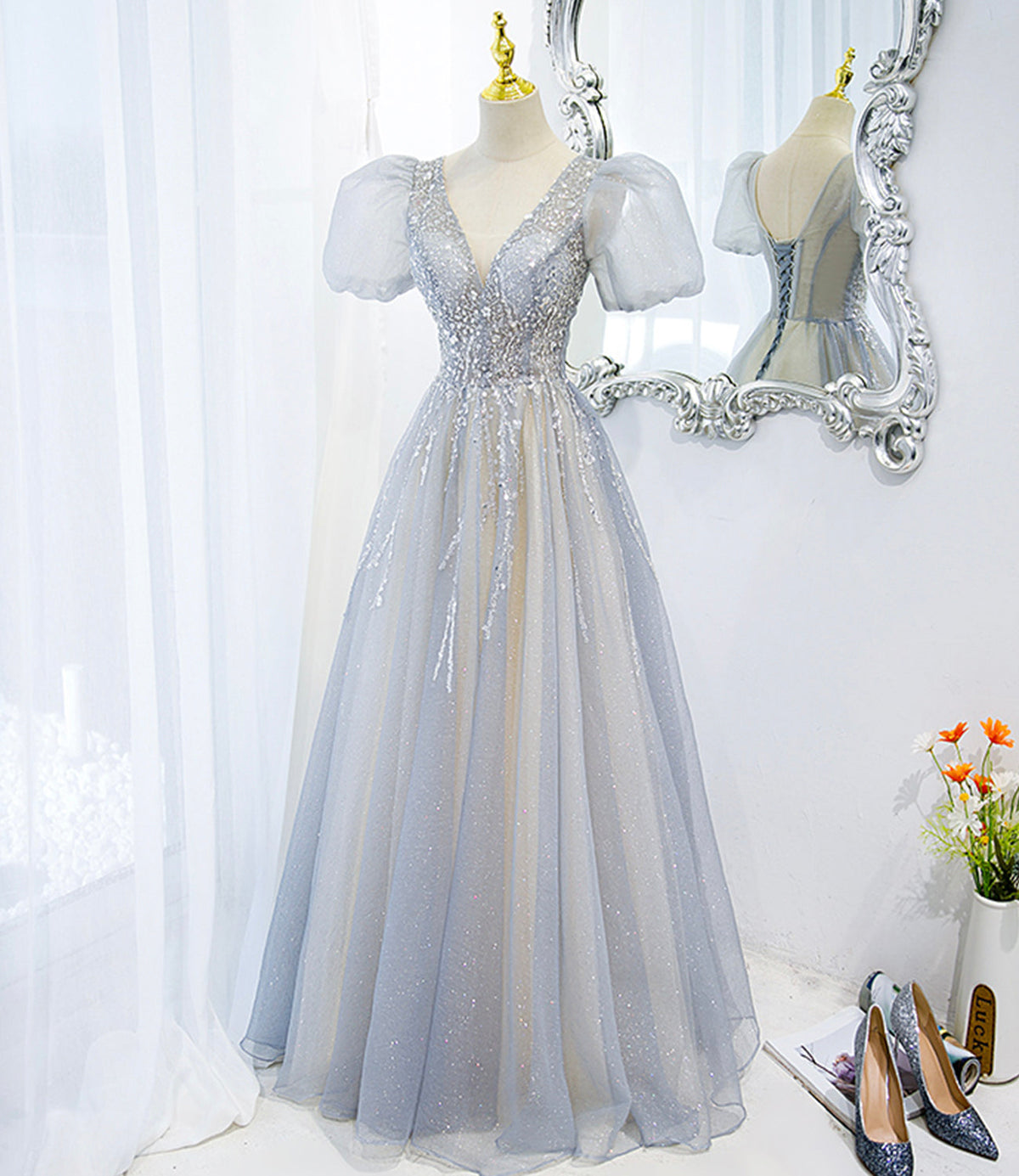 Gray tulle beads long prom dress A line evening gown  10488