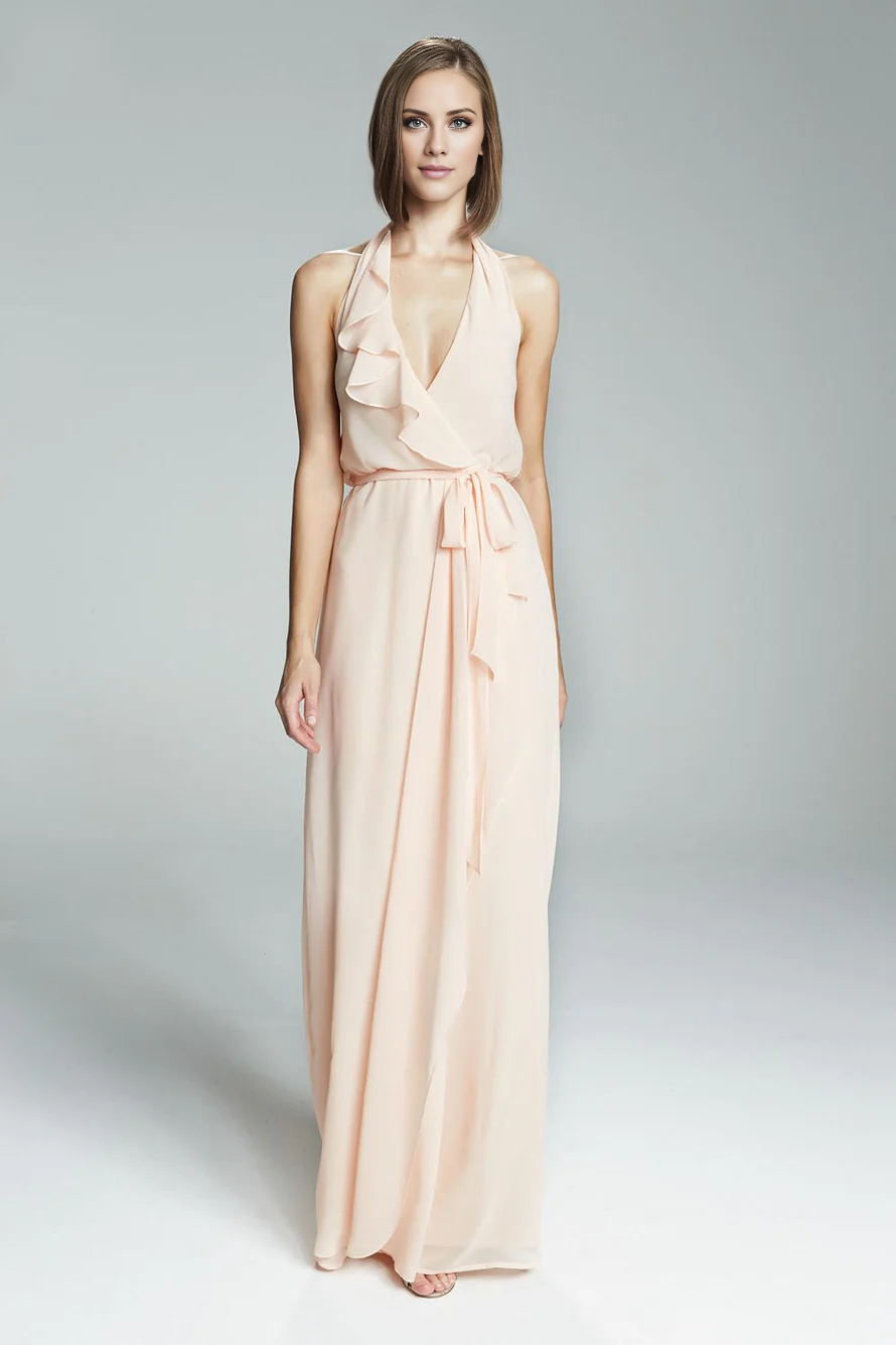 V-neck off shoulder sleeveless backless and floor length evening dress