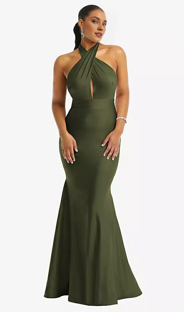 Cross cross hanging neck backless satin mermaid Prom dress