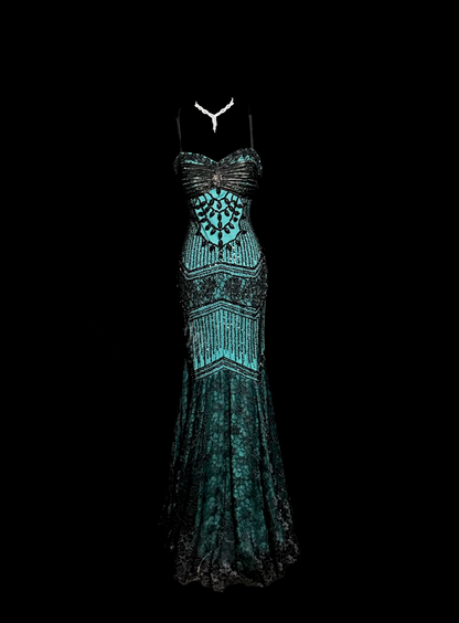 Sexy long ball gown with green halter neck and fitted waist, featuring lace details R6686