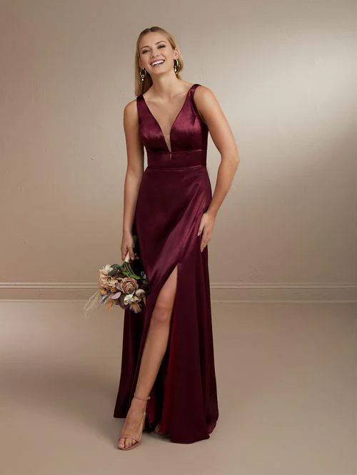 deep V-neck off shoulder sleeveless backless slit and floor length Prom dress