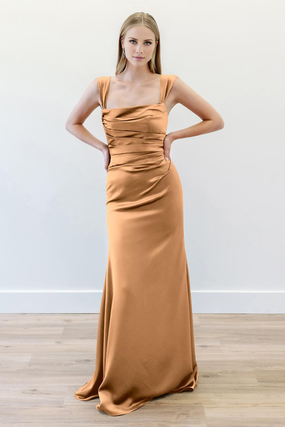 square neckline pleated detail sleeveless backless and floor length evening dress