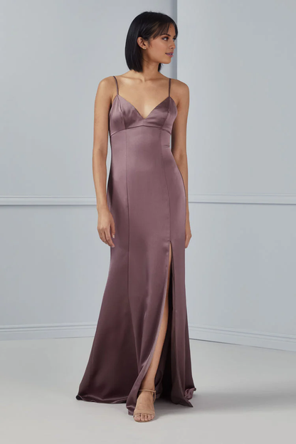 V collar off shoulder sleeveless thin shoulder strap backless side slit and floor length Prom dress