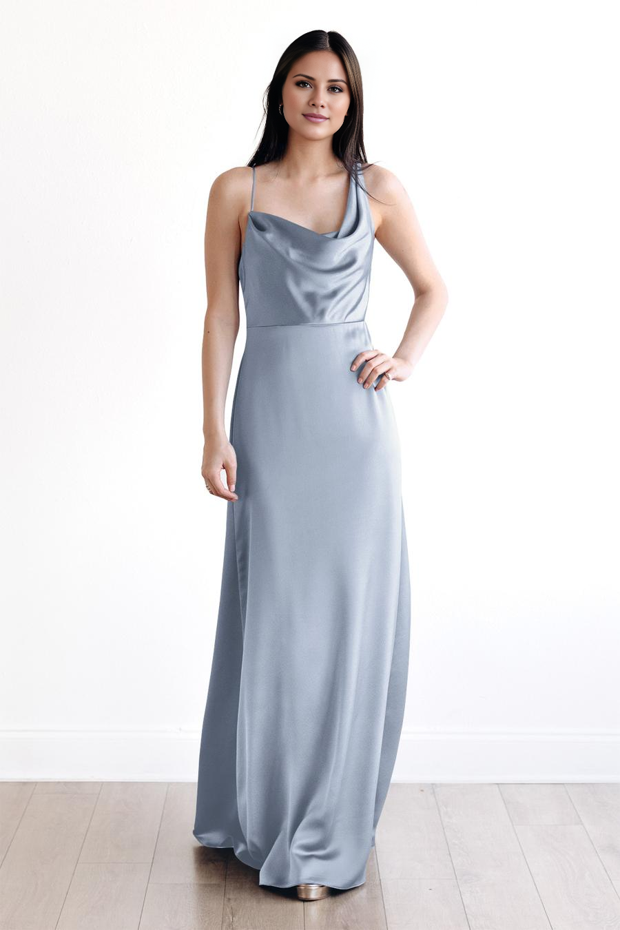 asymmetrical neckline off shoulder sleeveless backless and floor length evening dress