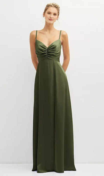 Vertical pleated tight corset satin and floor length Prom dress