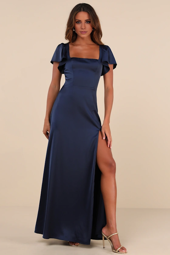 square neckline short sleeved backless side slit and floor length evening dress