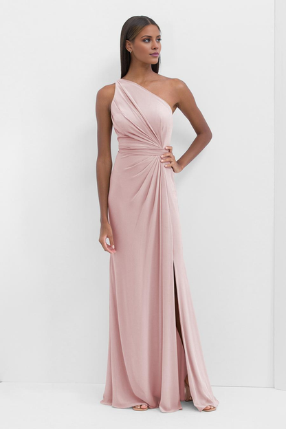 single shoulder neckline backless pleat details and floor length evening dress