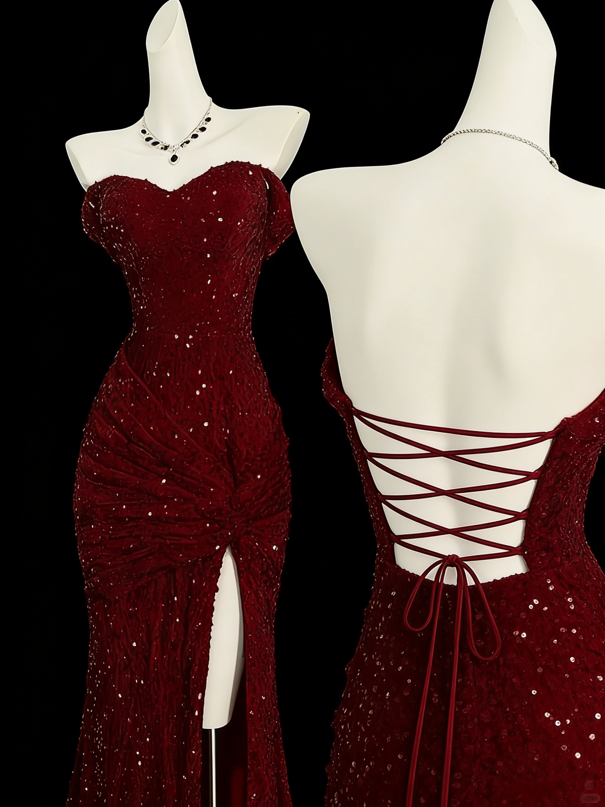 Burgundy shiny hip fishtail sequined ball gown evening dress prom dress gh4363