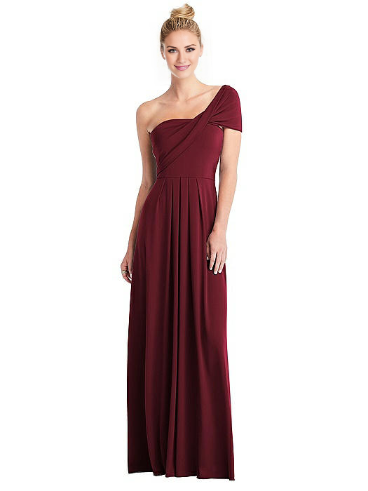 asymmetrical collar off shoulder short sleeved backless and floor length evening dress