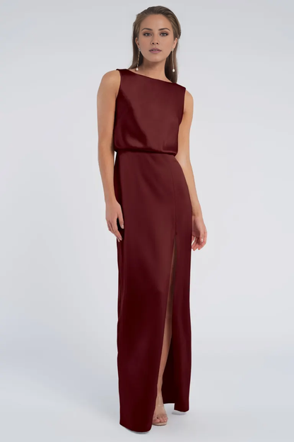 boat neckline off shoulder sleeveless backless side slit and floor length evening dress