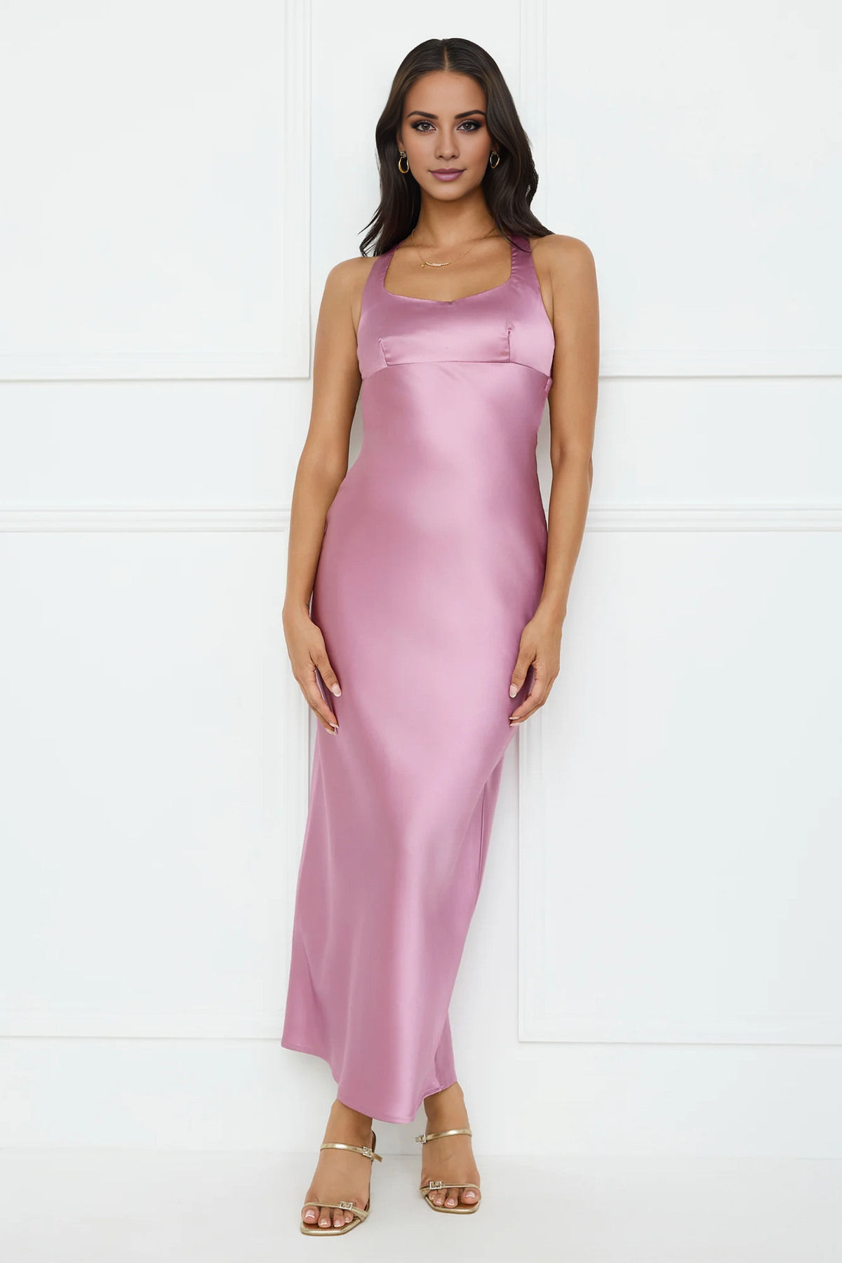 round neck satin backless long Prom dress