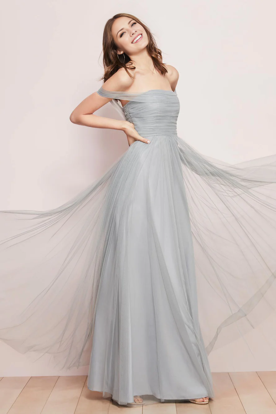 off shoulder collar sleeveless backless pleated details and floor length Prom dress