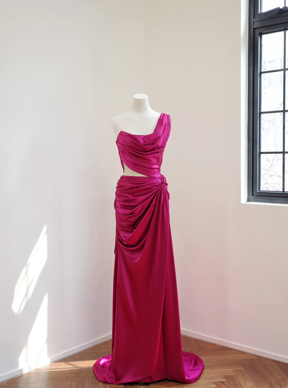 Rose pink one-shoulder fitted waist long ball gown R8517