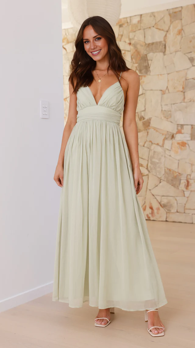 V-neck slim shoulder strap backless and floor length Prom dress