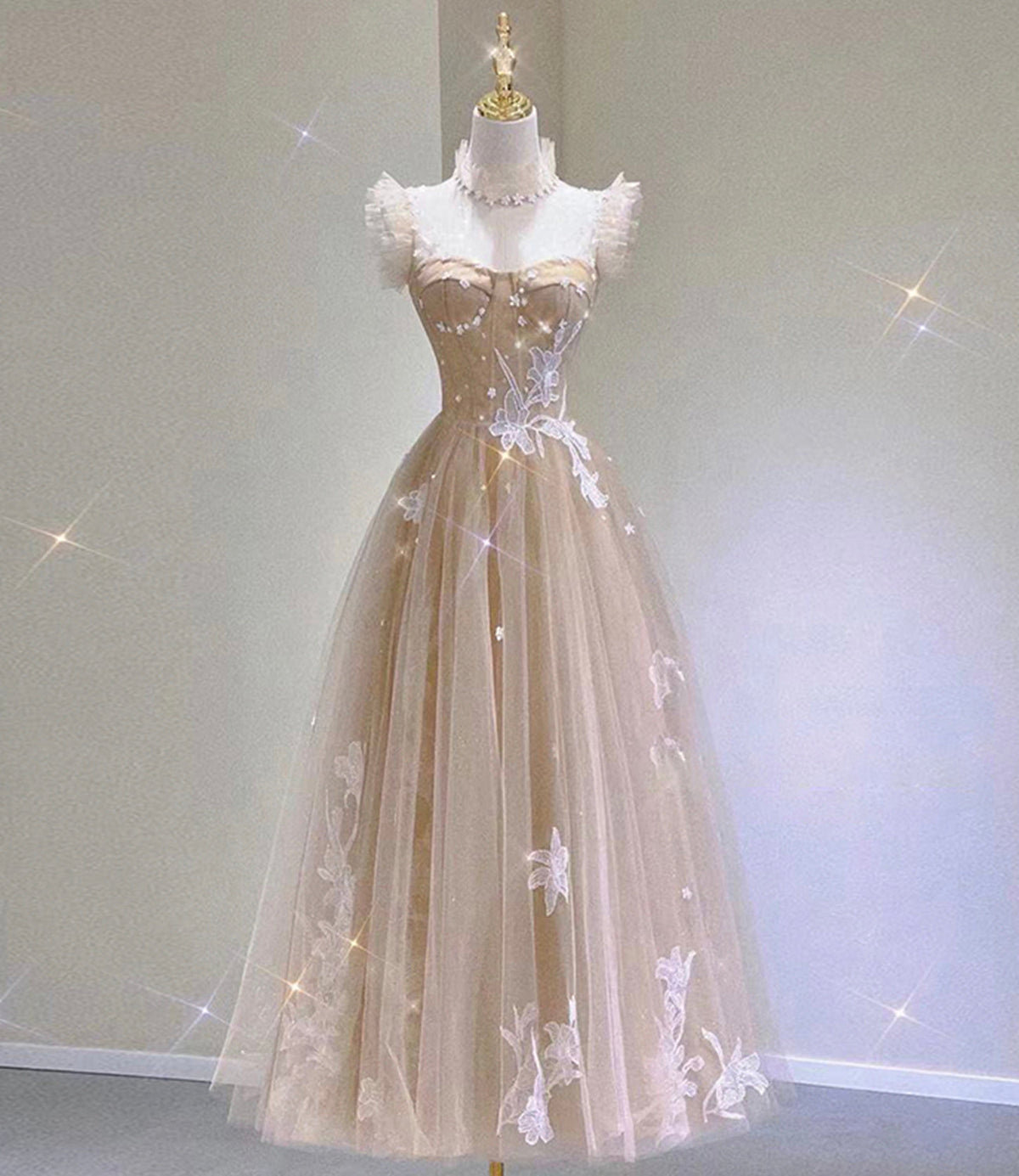 Champagne tulle lace tea length prom dress evening dress  10313